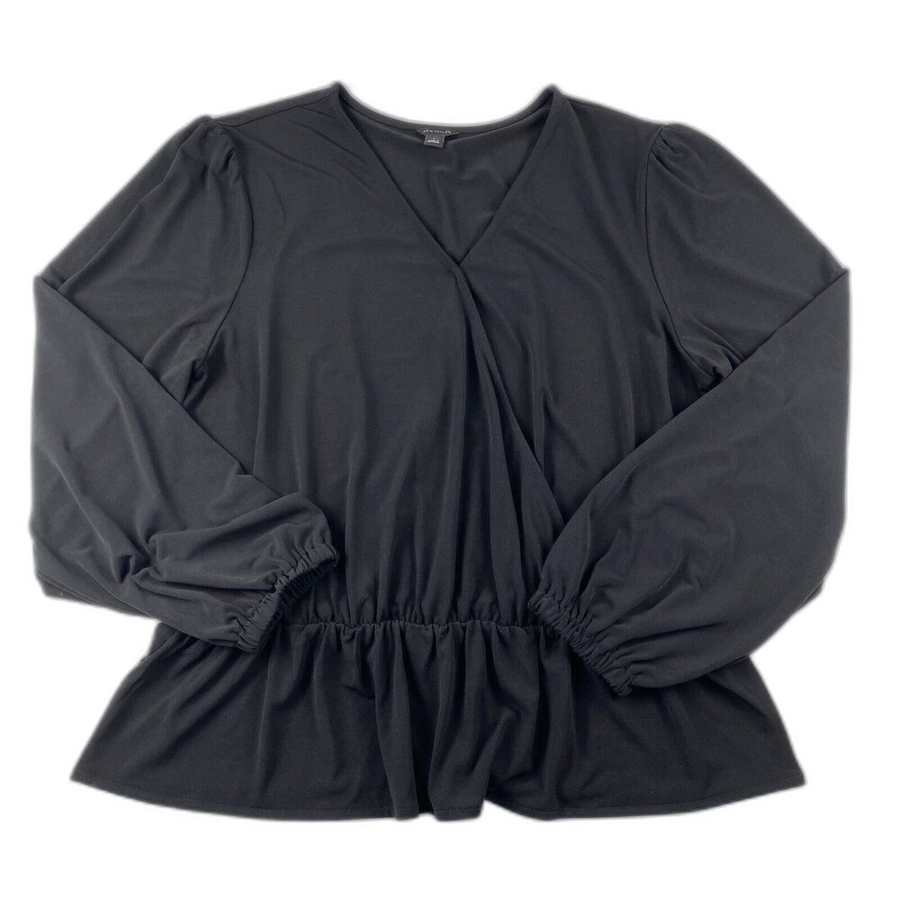 Ann Taylor Womens Sz Large Faux Wrap Peasant Balloon Sleeve Blouse Black Stretch
